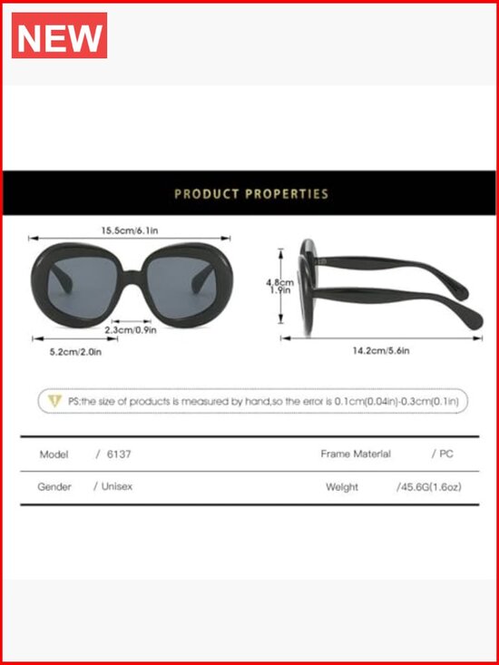 Oversized Oval Sunglasses Women Retro Thick Round Frame UV400 Protection